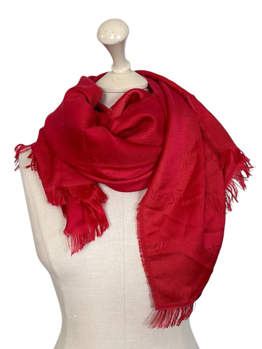 Moncler Red Fringe Monogram Scarf